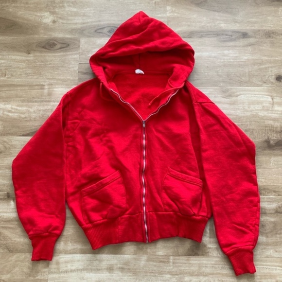 Vintage Tops - 1970s Vintage Cherry Red Hoodie Hooded Sweatshirt